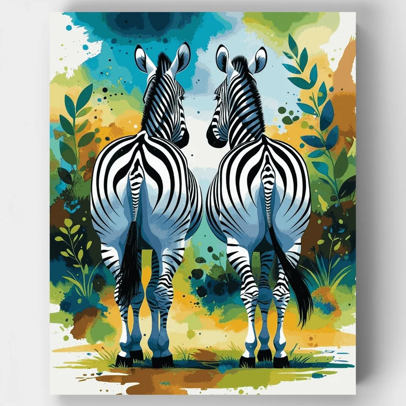 Two Zebras in Colorful Watercolor Style - Paint by Numbers Kit