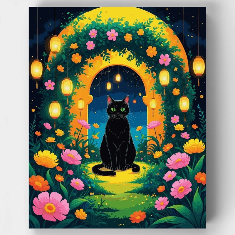 Mystical Black Cat Garden Sanctuary - Paint by Numbers Kit