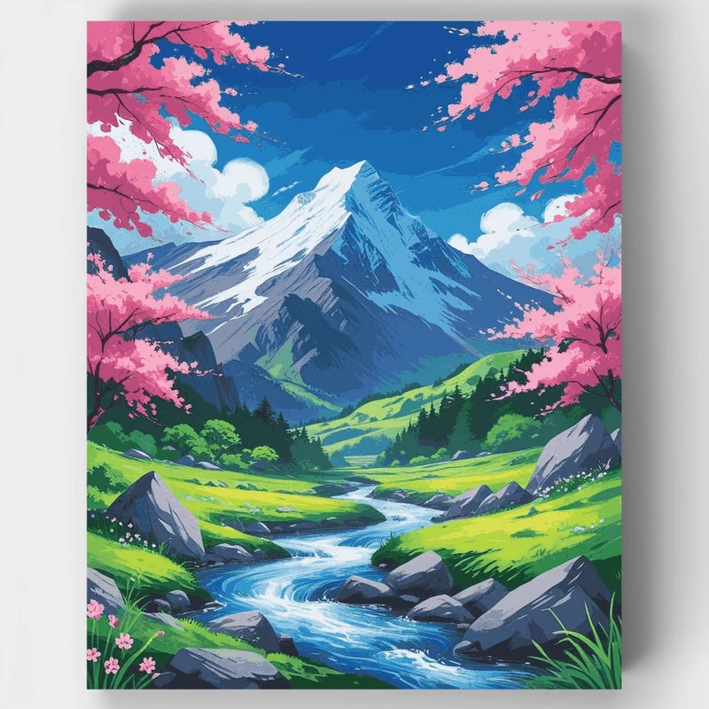 Cherry Blossom Mountain Valley Stream - Paint by Numbers Kit