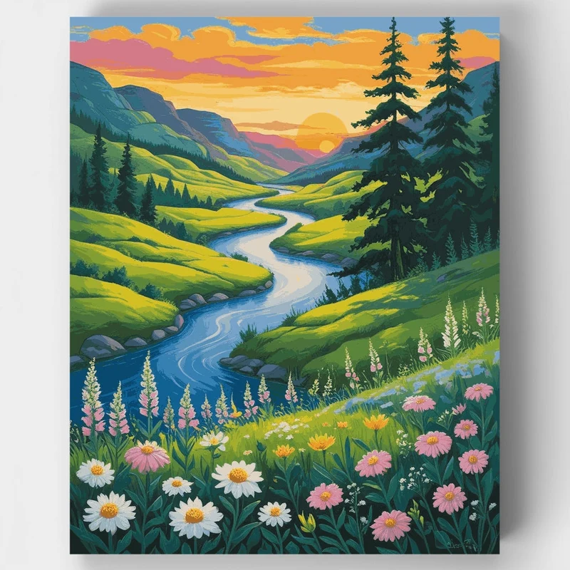 Mountain Valley River Sunset - Paint by Numbers Kit