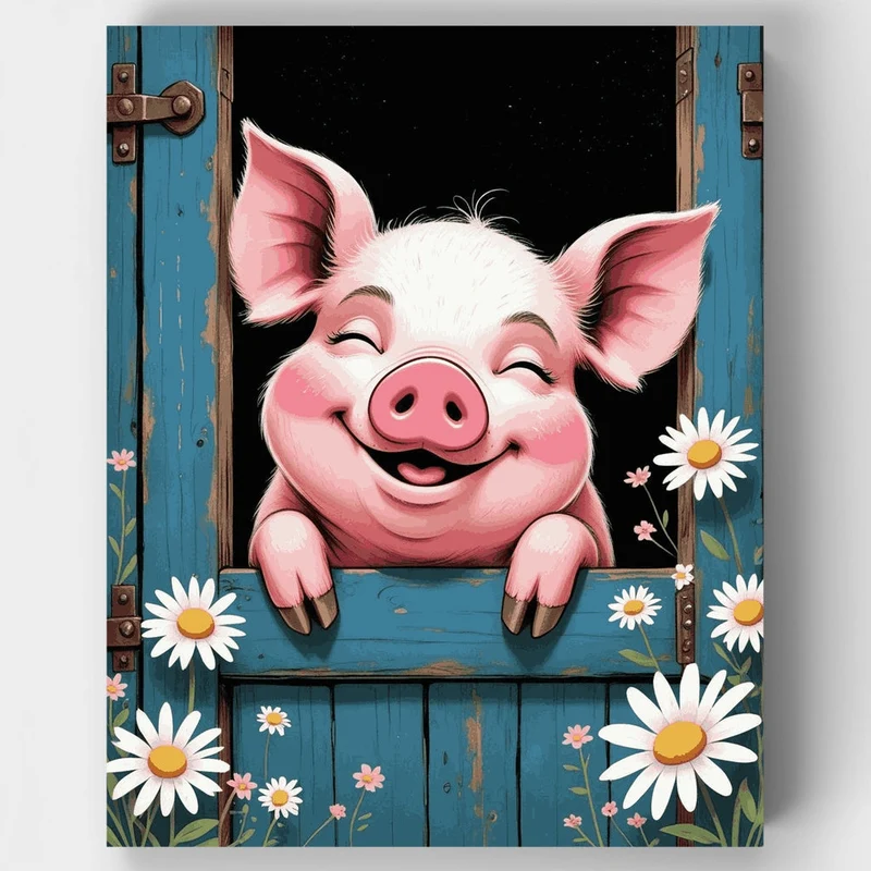 Happy Pig in Blue Barn Window - Paint by Numbers Kit