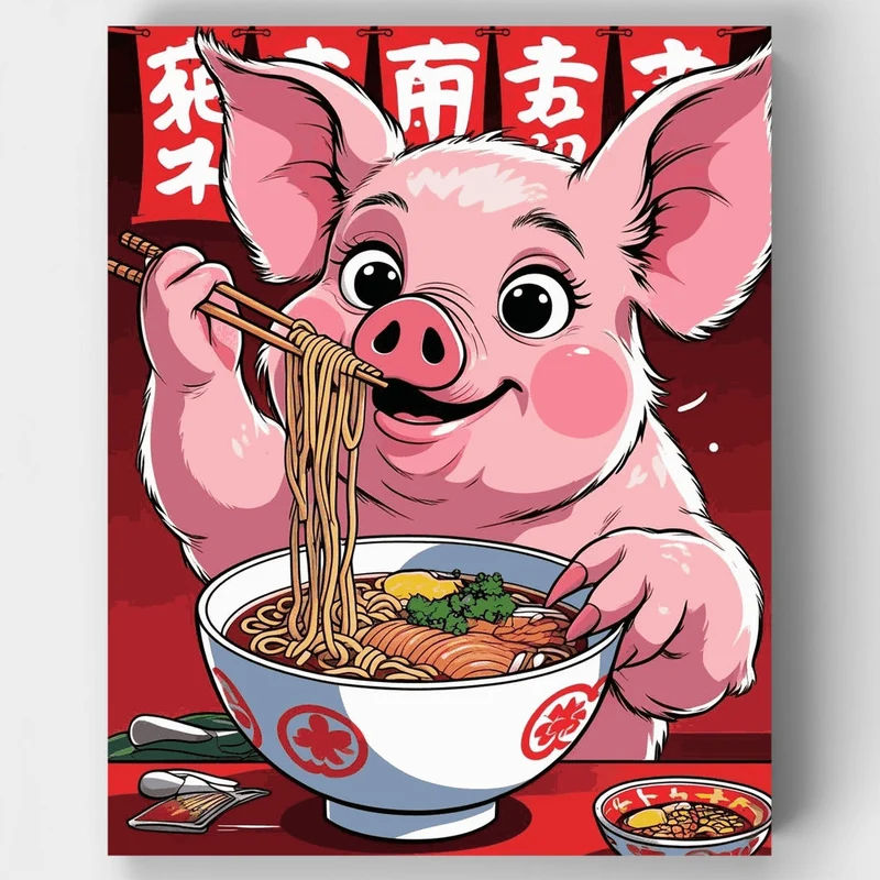 Cheerful Pig Enjoying Ramen - Paint by Numbers Kit