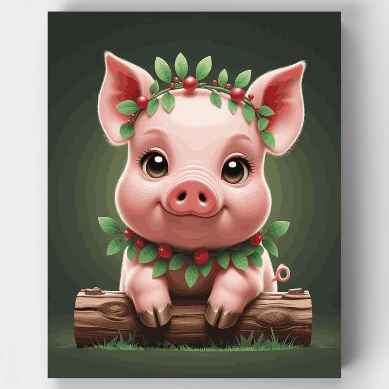 Adorable Christmas Piglet with Holly Wreath - Paint by Numbers Kit