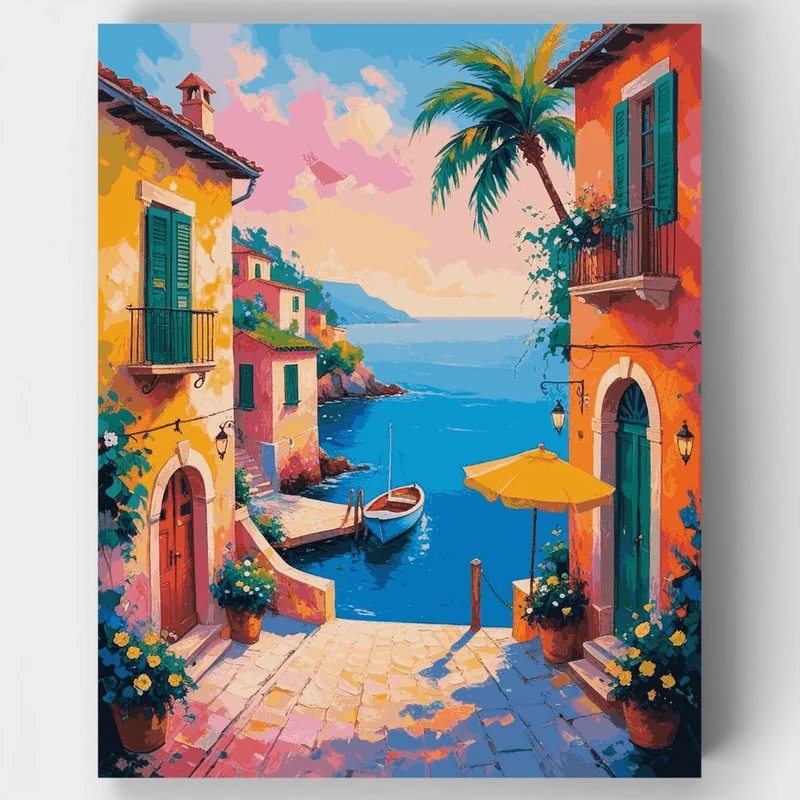 Mediterranean Waterfront Paradise with Palm Trees - Paint by Numbers Kit