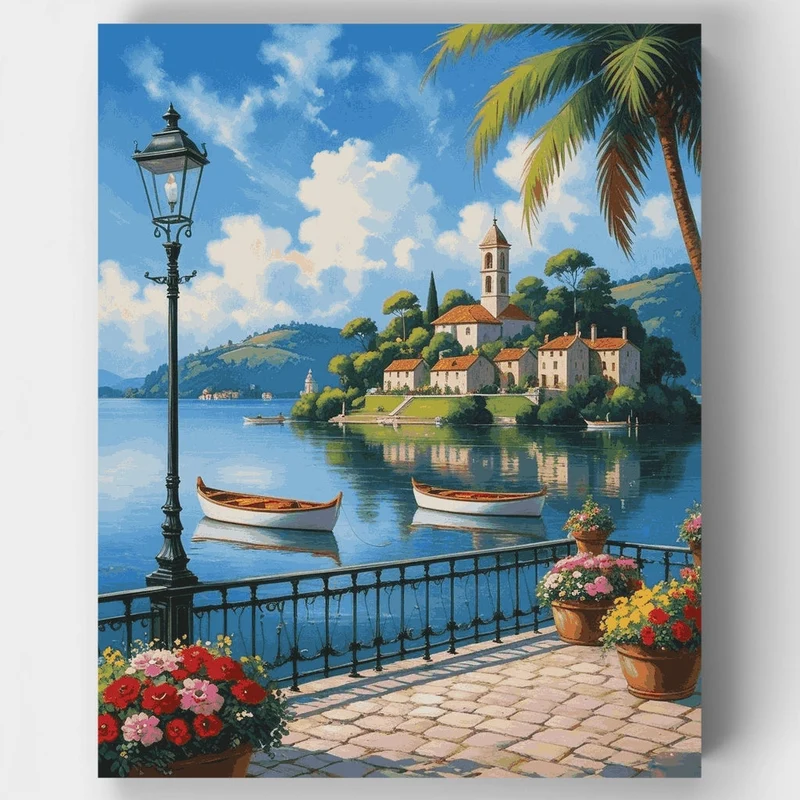 Serene Mediterranean Lakeside Promenade - Paint by Numbers Kit