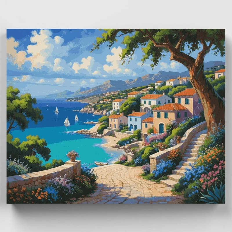 Idyllic Mediterranean Seaside Town with Stone Pathway - Paint by Numbers Kit