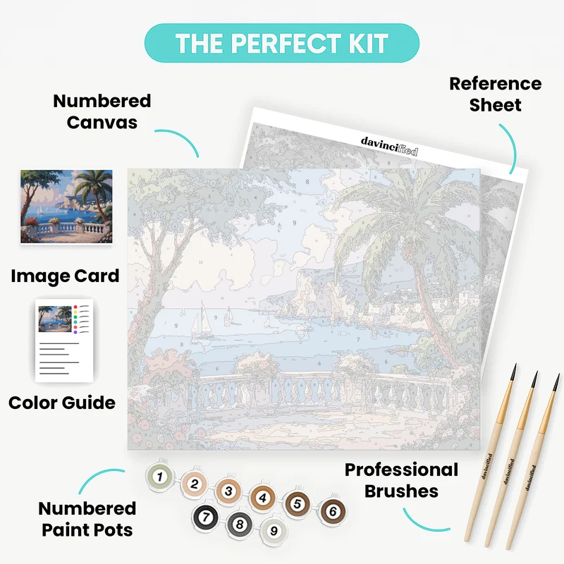 Tropical Mediterranean Terrace with Sailboats - Paint by Numbers Kit