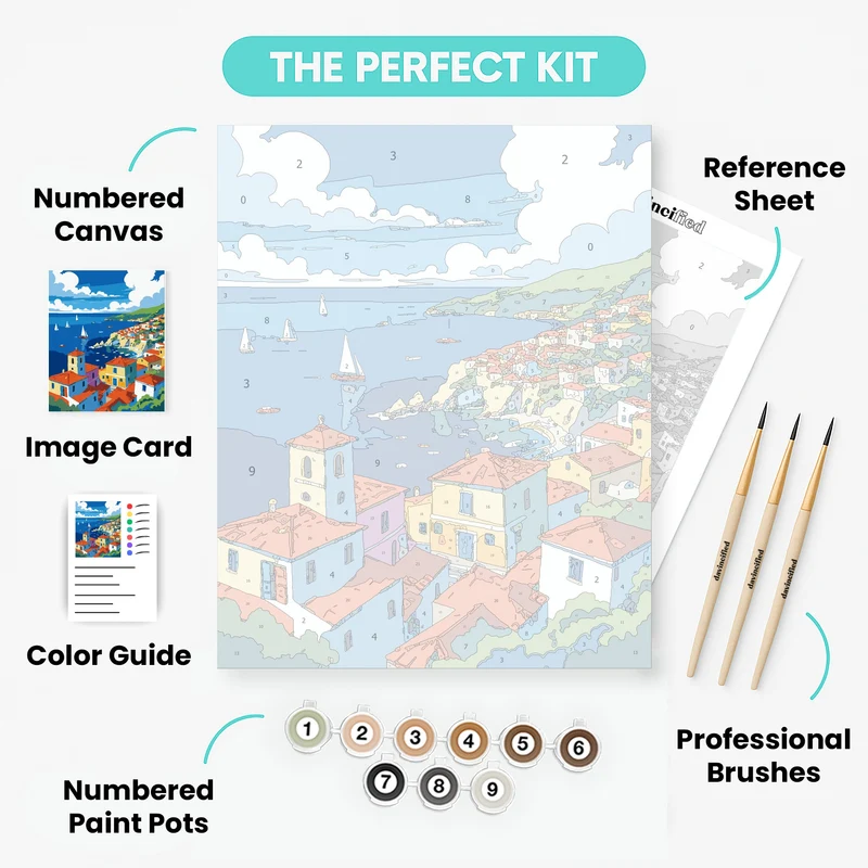 Picturesque Mediterranean Hillside Town with Sailboats - Paint by Numbers Kit