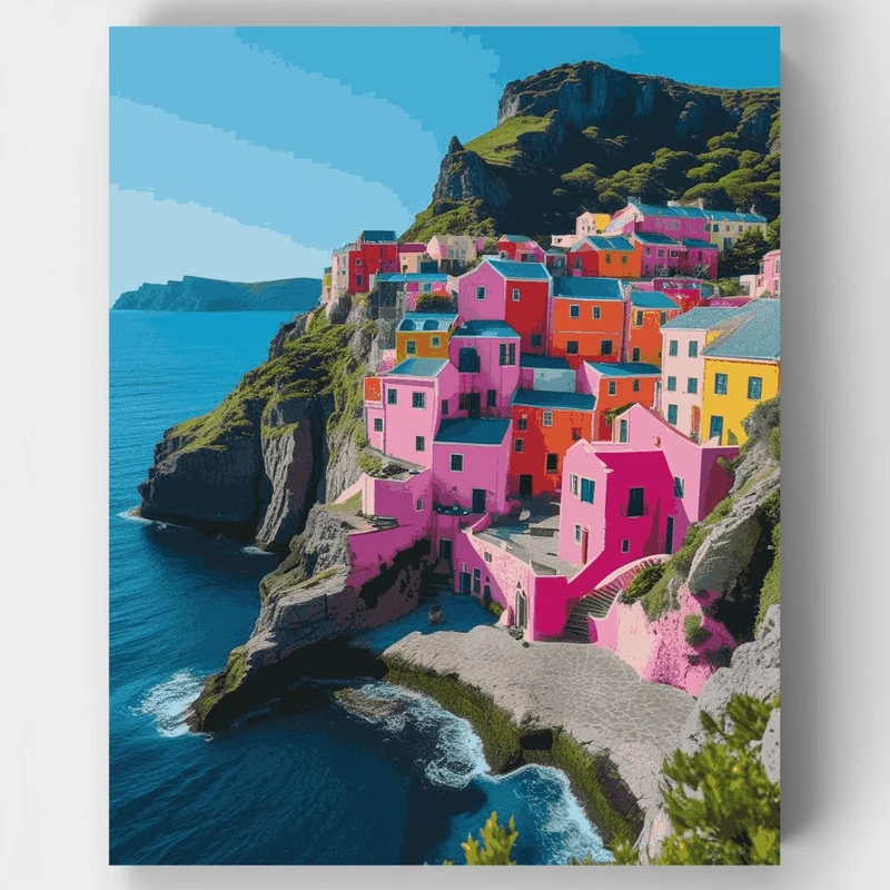 Colorful Mediterranean Coastal Village - Paint by Numbers Kit