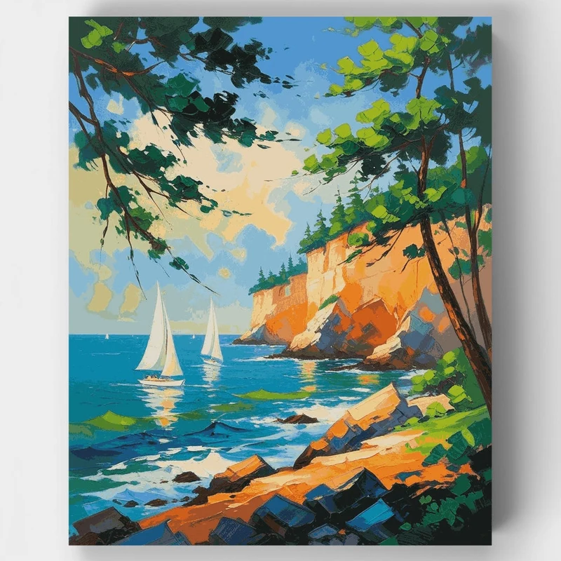 Mediterranean Coastal Sailing Scene - Paint by Numbers Kit
