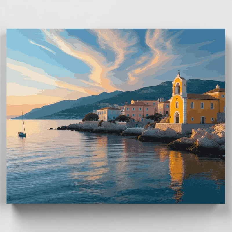 Mediterranean Coastal Village at Sunset - Paint by Numbers Kit