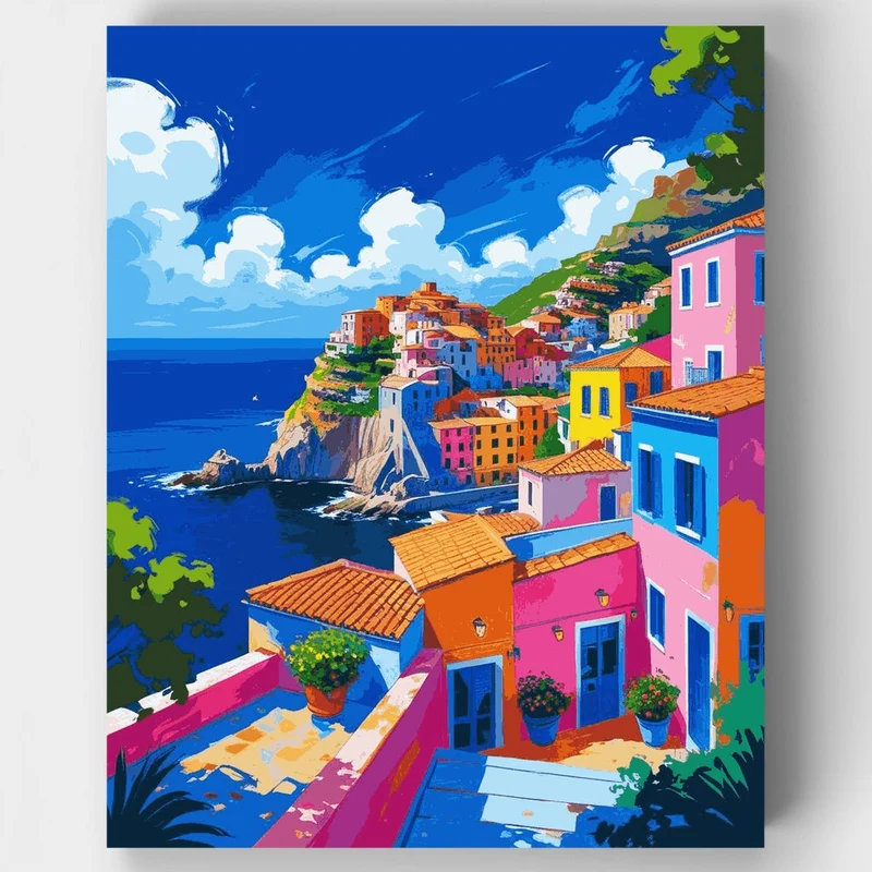 Vibrant Mediterranean Coastal Village - Paint by Numbers Kit