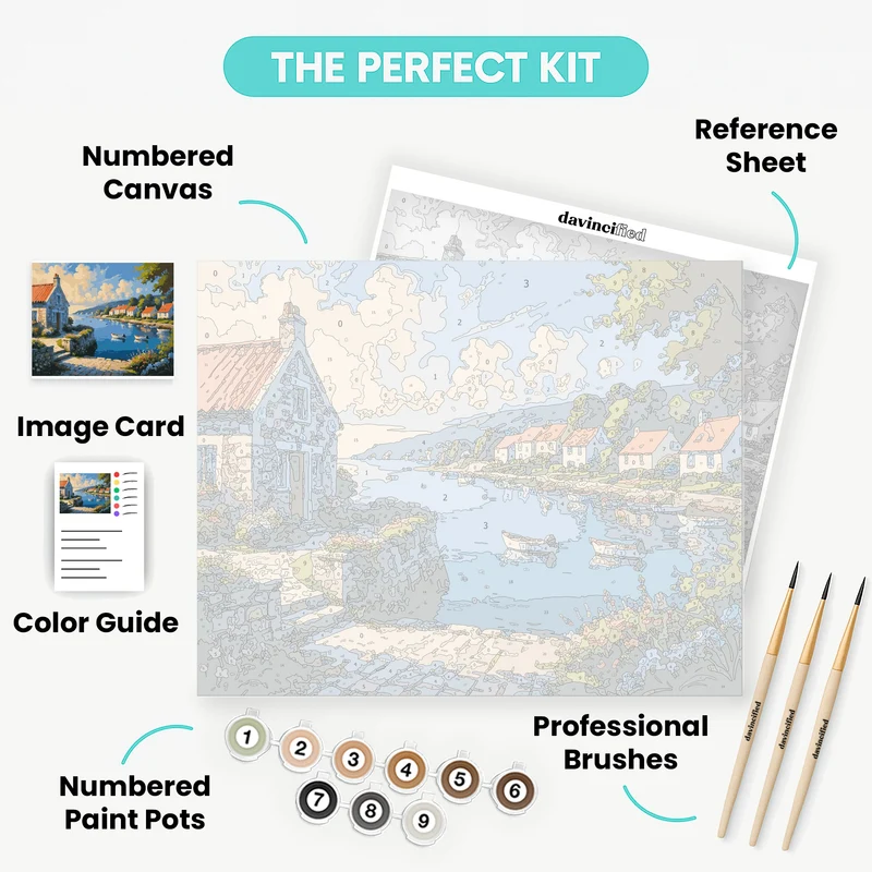 Charming Coastal Village with Stone Houses and Boats - Paint by Numbers Kit