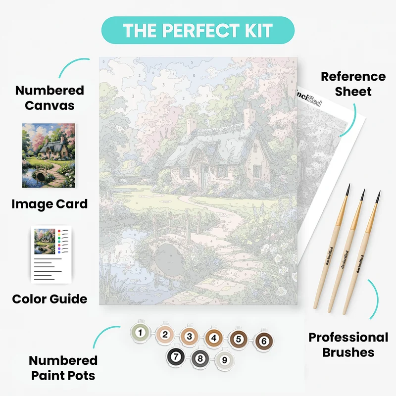 Thatched Cottage Bridge Garden Paradise - Paint by Numbers Kit