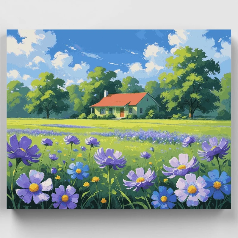 Countryside Cottage with Purple Wildflowers - Paint by Numbers Kit