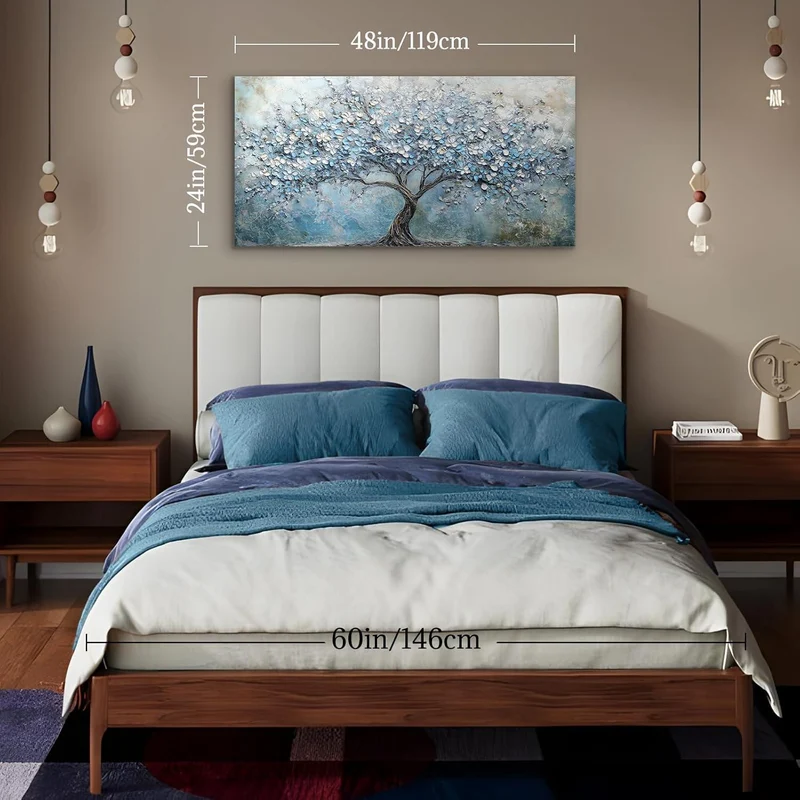 Blühender Baum Wandbild XXL – Blaues Leinwandbild Lebensbaum