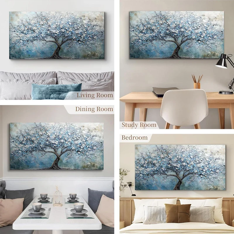 Blühender Baum Wandbild XXL – Blaues Leinwandbild Lebensbaum