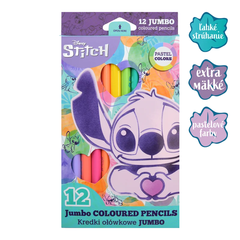 Триъгълни цветни моливи Colorino JUMBO Stitch Pastel, 12 пастелни цвята