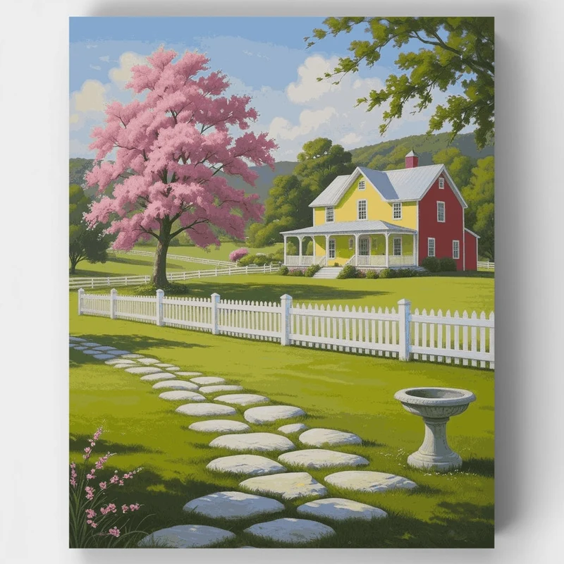 Charming Country Home with Blooming Cherry Tree - Paint by Numbers Kit