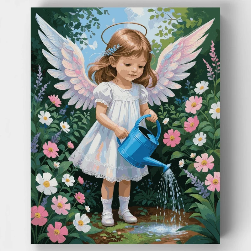 Little Angel Watering Garden Flowers - Paint by Numbers Kit