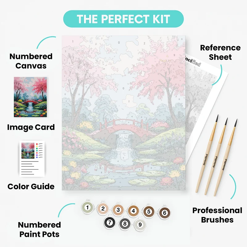 Serene Japanese Garden Bridge with Cherry Blossoms - Paint by Numbers Kit