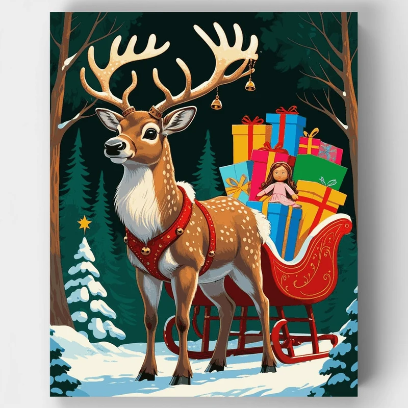 Festive Reindeer Pulling Christmas Sleigh - Paint by Numbers Kit