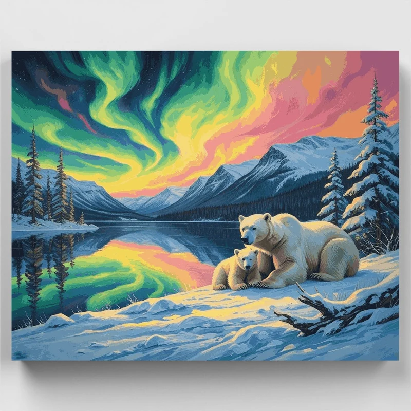 Arctic Polar Bear Pair Under Aurora - Paint by Numbers Kit
