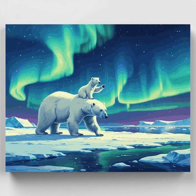 Mother Polar Bear with Cub Under Aurora - Paint by Numbers Kit