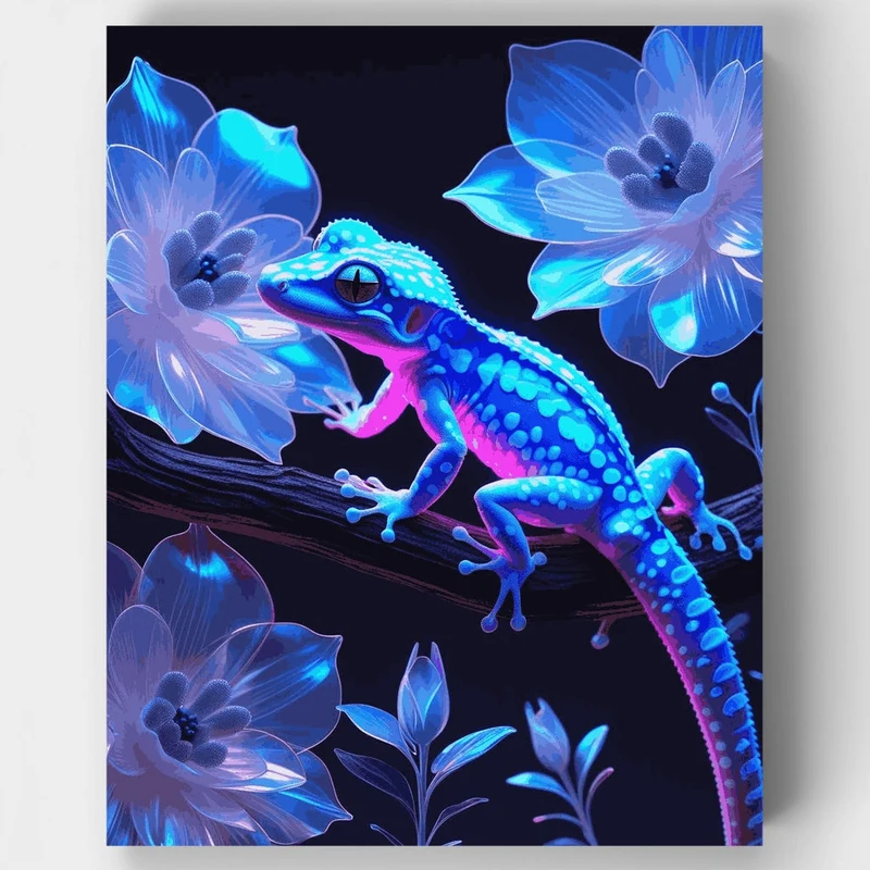 Neon Gecko with Luminous Flowers - Paint by Numbers Kit