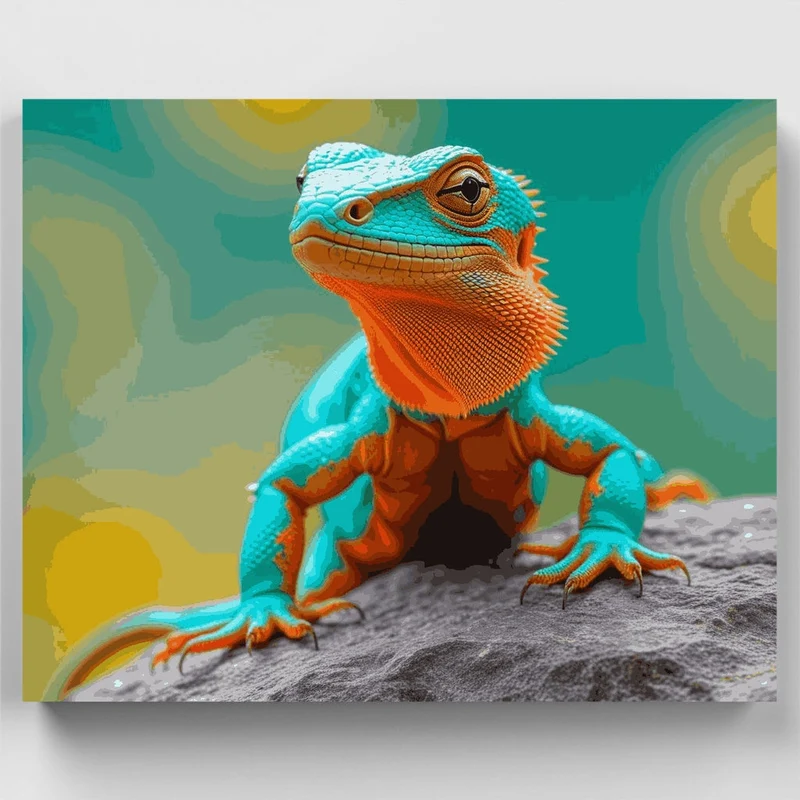 Vibrant Turquoise and Orange Lizard - Paint by Numbers Kit