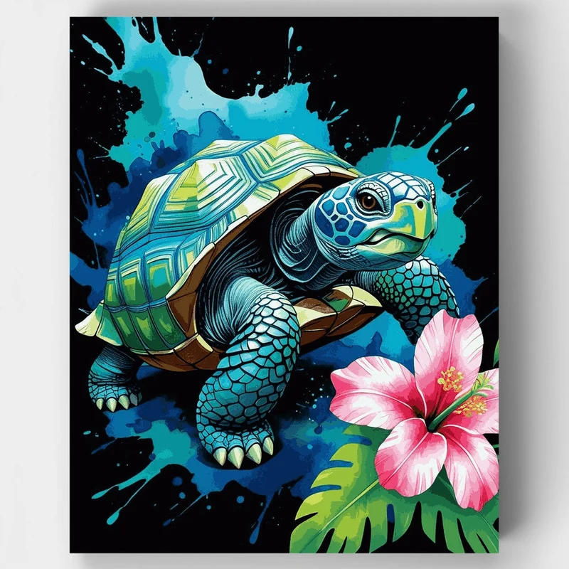 Vibrant Sea Turtle with Tropical Hibiscus - Paint by Numbers Kit