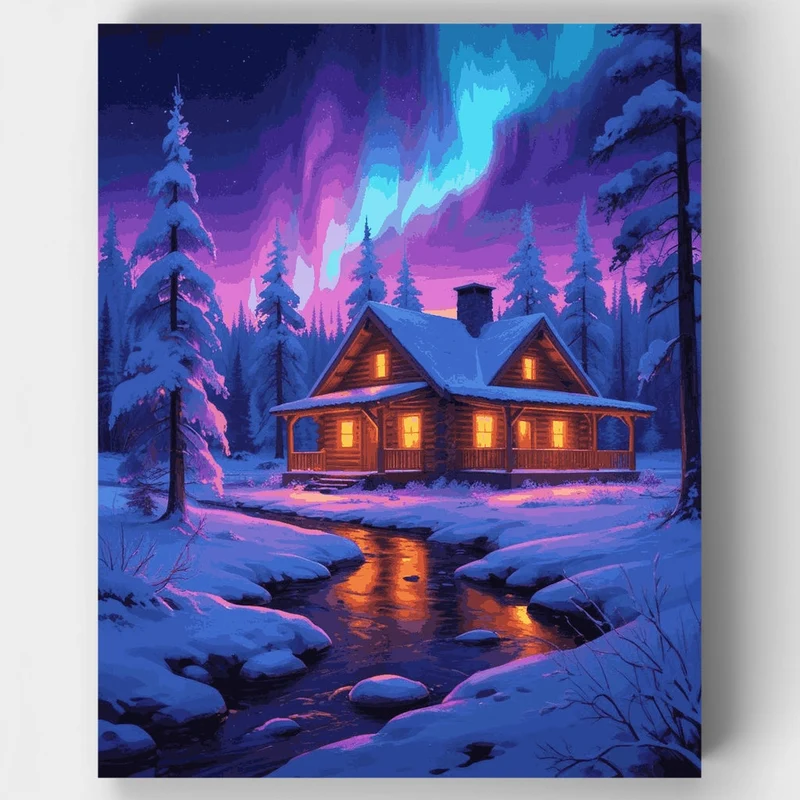 Winter Cabin Aurora Borealis - Paint by Numbers Kit