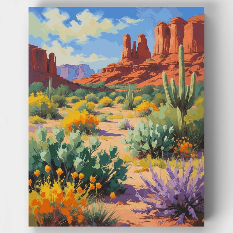Desert Oasis with Cacti and Red Rock Formations - Paint by Numbers Kit