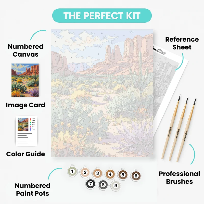 Desert Oasis with Cacti and Red Rock Formations - Paint by Numbers Kit