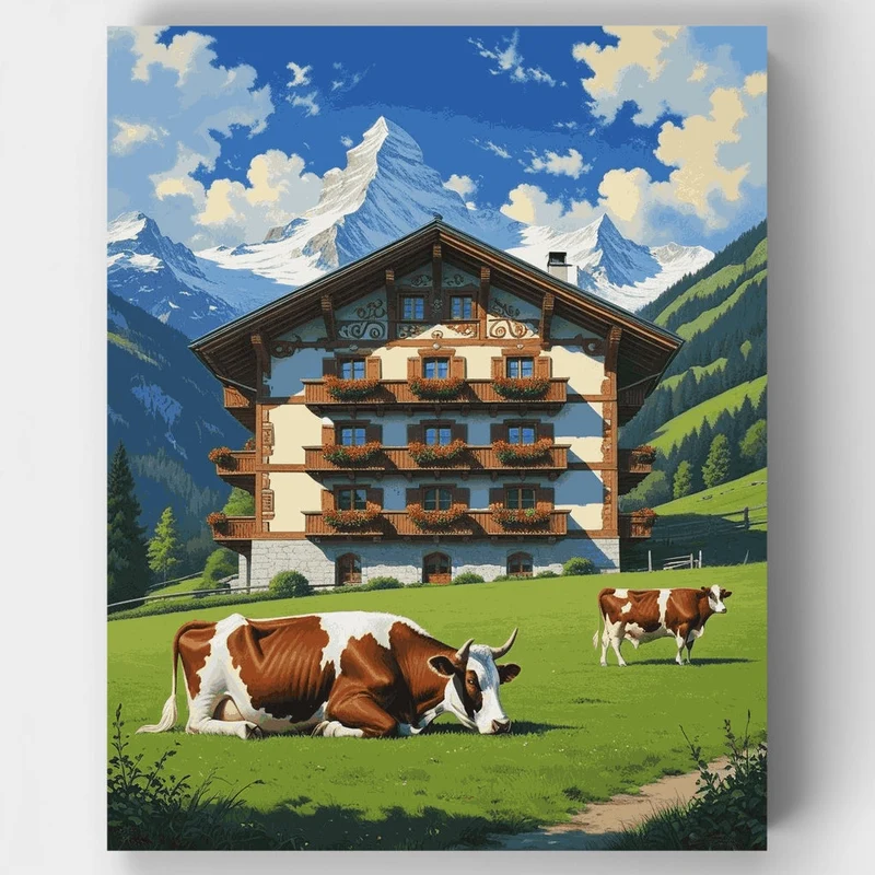 Alpine Chalet with Grazing Cows - Paint by Numbers Kit