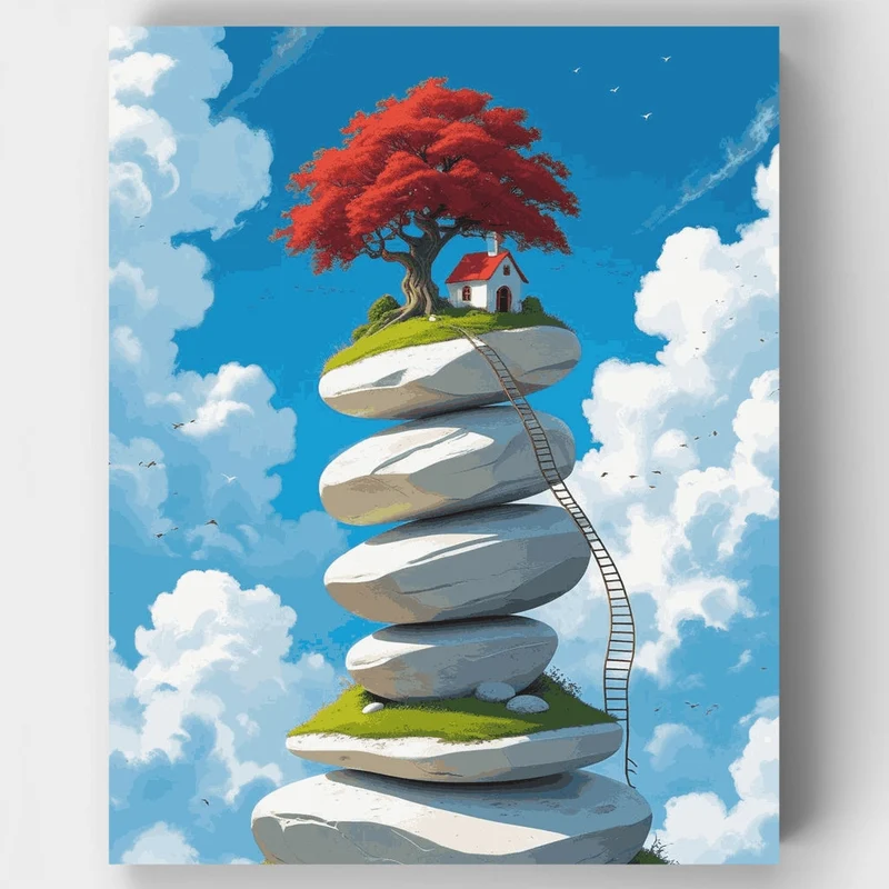 Floating Stone Islands with Red Tree House - Paint by Numbers Kit