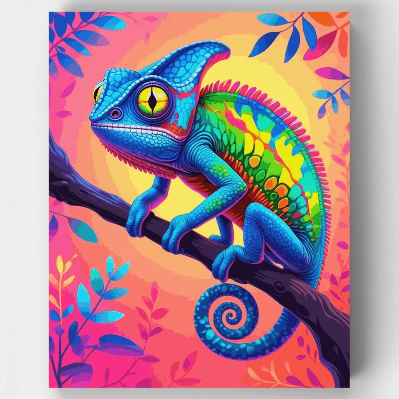 Neon Chameleon in Tropical Sunset - Paint by Numbers Kit