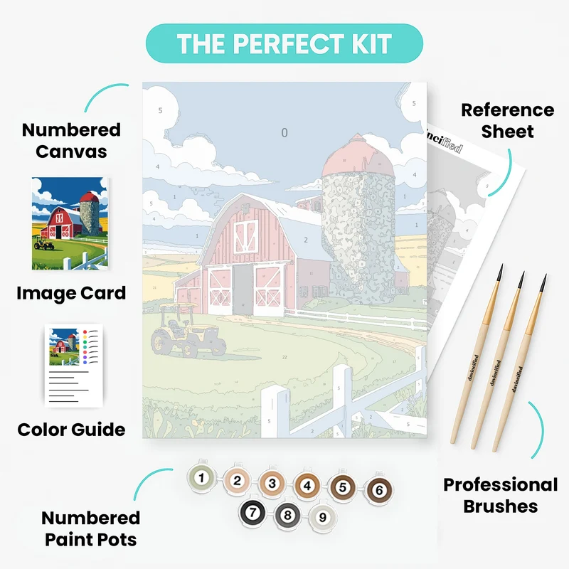 Classic Red Barn Farmstead with Stone Silo - Paint by Numbers Kit