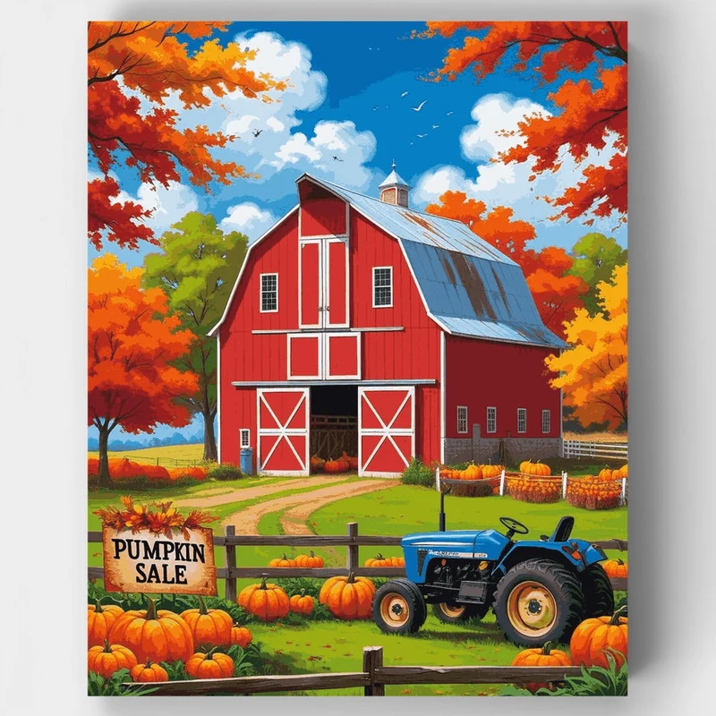 Autumn Farm Barn with Pumpkin Patch - Paint by Numbers Kit