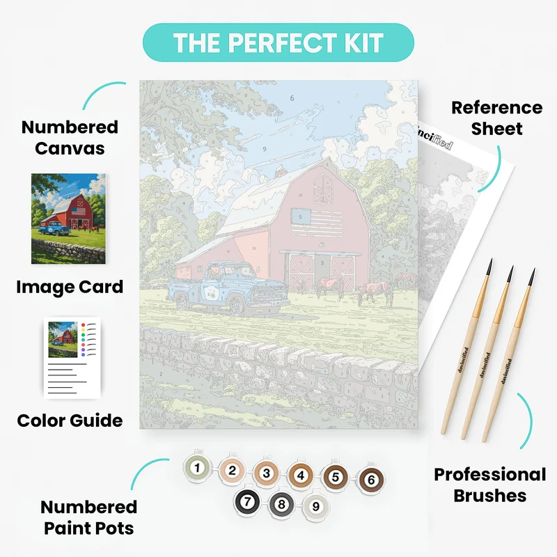 American Farm with Red Barn and Vintage Truck - Paint by Numbers Kit