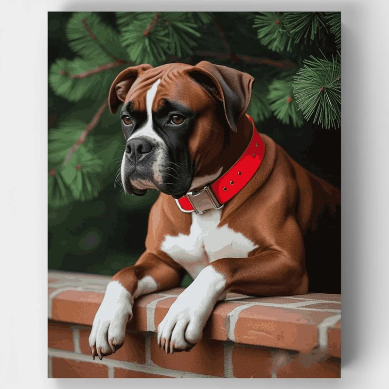 Boxer Dog with Red Collar and Evergreen Background - Paint by Numbers Kit
