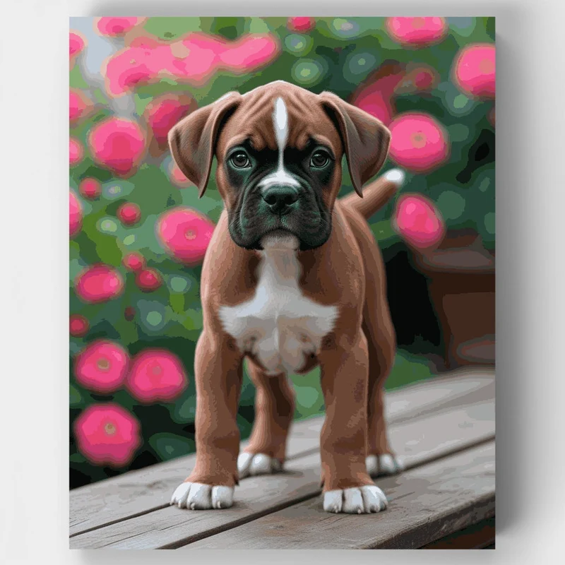 Boxer Puppy in Flower Garden - Paint by Numbers Kit