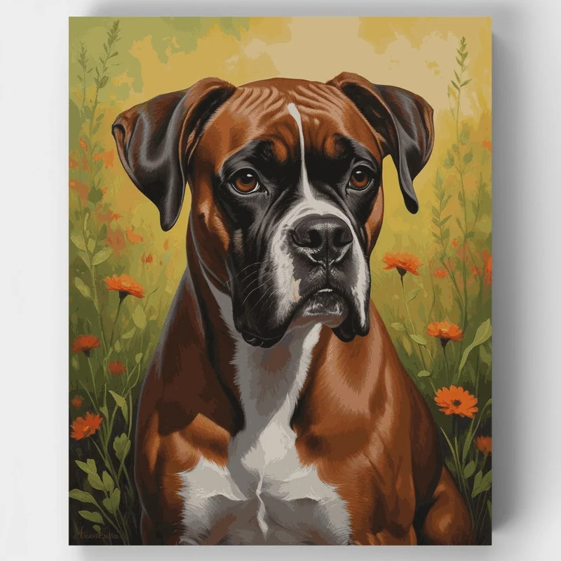 Boxer Dog in Flower Field - Paint by Numbers Kit