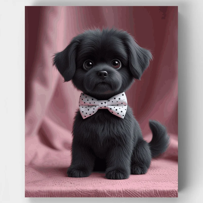 Black Shih Tzu Puppy with Pink Bow Tie - Paint by Numbers Kit