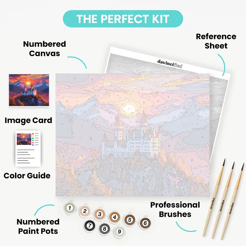 Majestic Alpine Castle at Golden Sunset - Paint by Numbers Kit