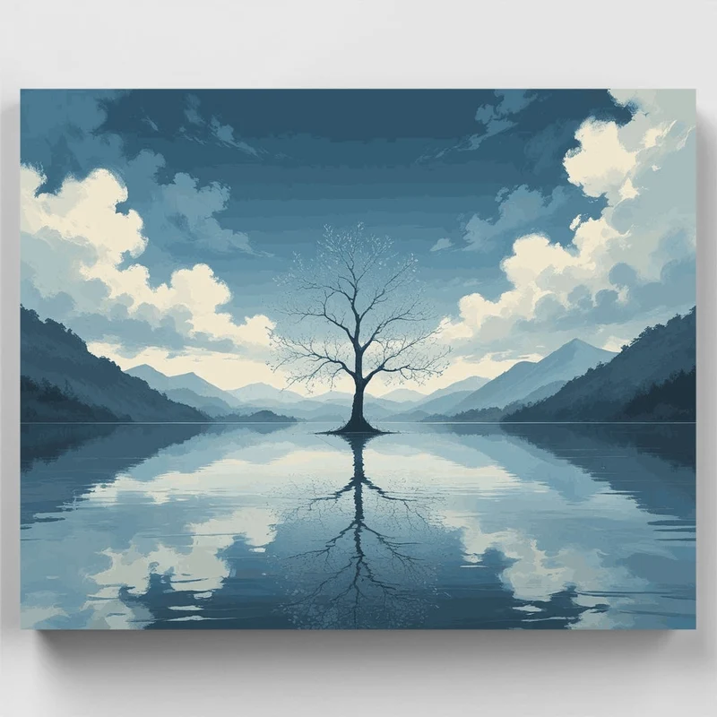 Serene Lake with Lone Tree Reflection - Paint by Numbers Kit