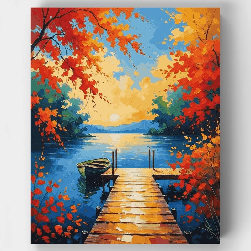 Autumn Lake Dock with Boat - Paint by Numbers Kit
