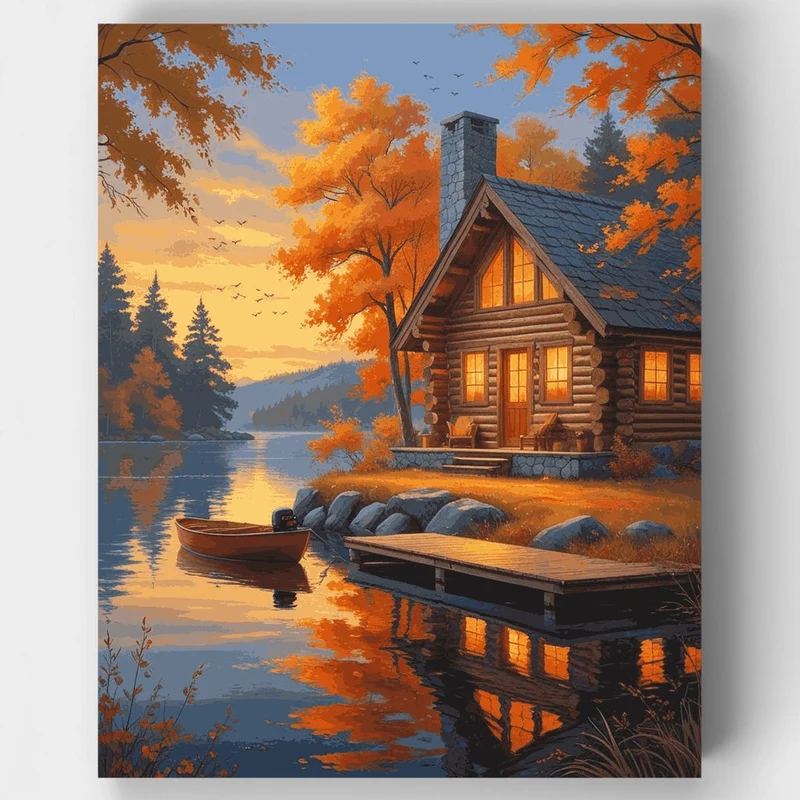 Autumn Lake Cabin Retreat - Paint by Numbers Kit