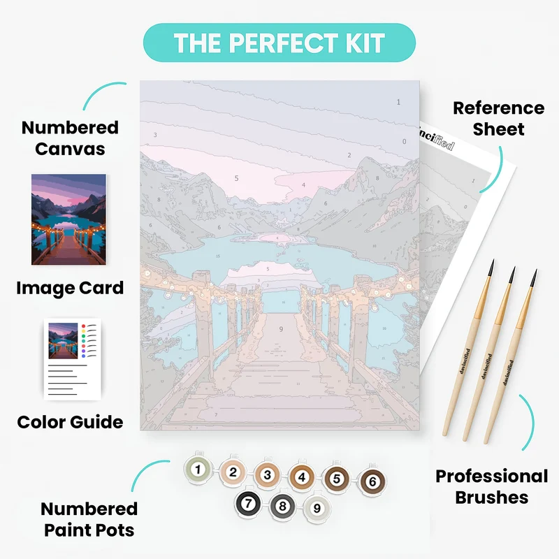 Mountain Lake Sunset with Wooden Dock - Paint by Numbers Kit