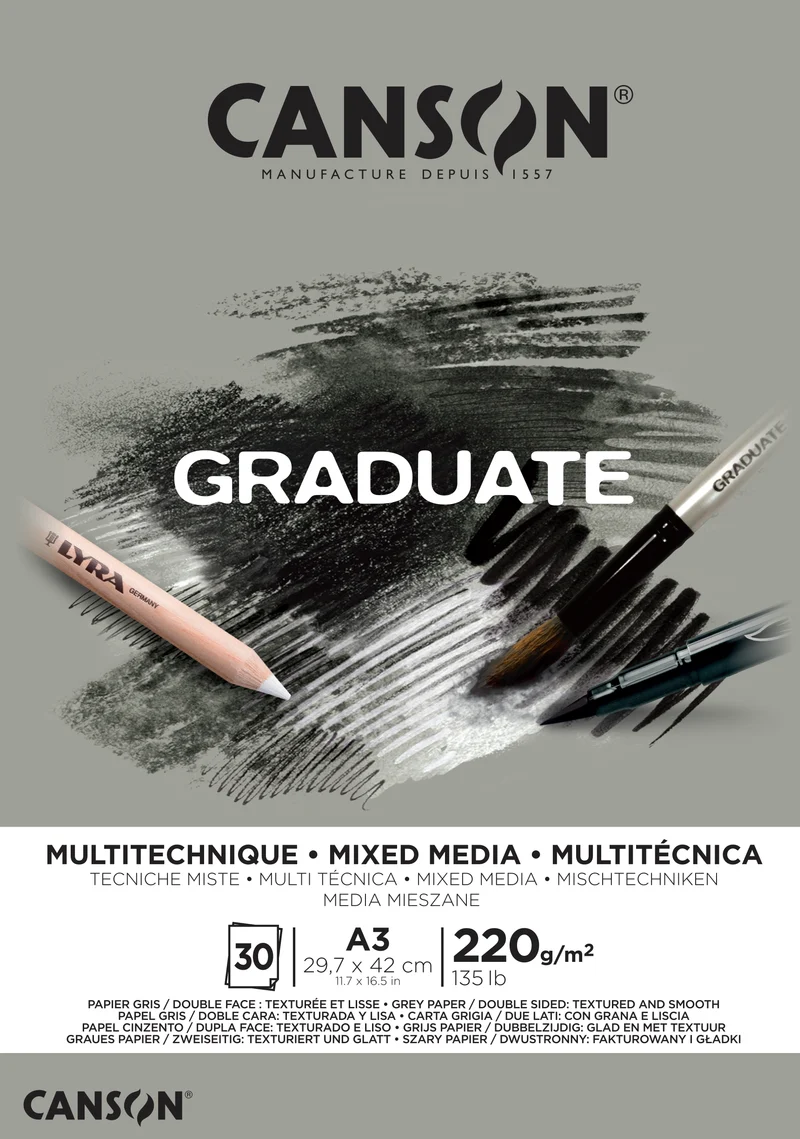 CANSON Graduate Mix Media Block Grau A3, 220 g/m², 30 Blatt